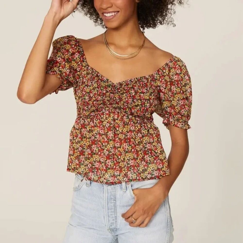 Louna Y2K Floral Babydoll Blouse Top L Whimsygoth Puff Sleeve Forest Fairy